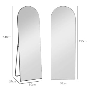 Specchio intero 150 x 50 cm nero con supporto, design ad arco, vetro con pellicola di sicurezza, da terra o a parete