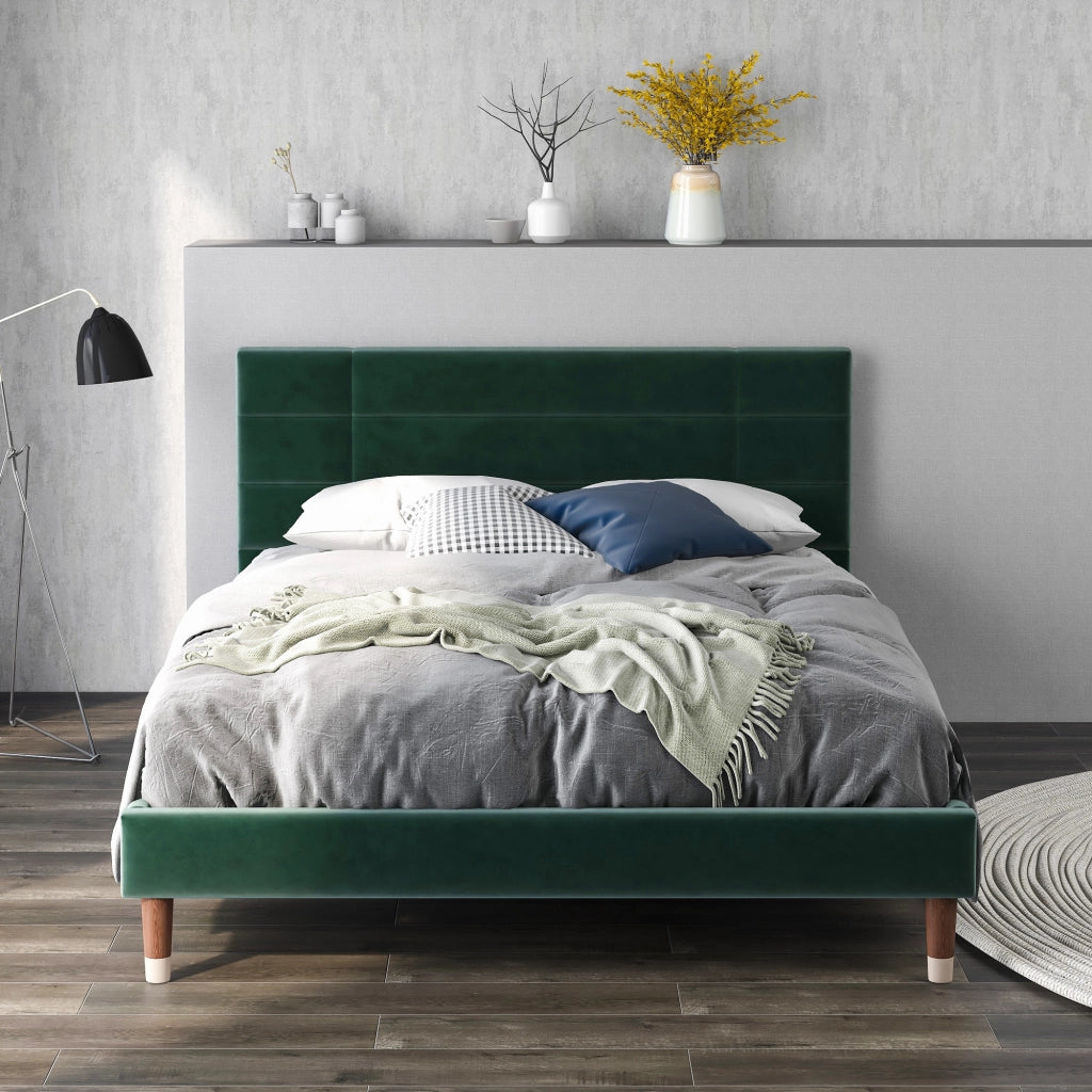 Letto matrimoniale imbottito 140x200 cm in velluto verde con rete a doghe e testiera
