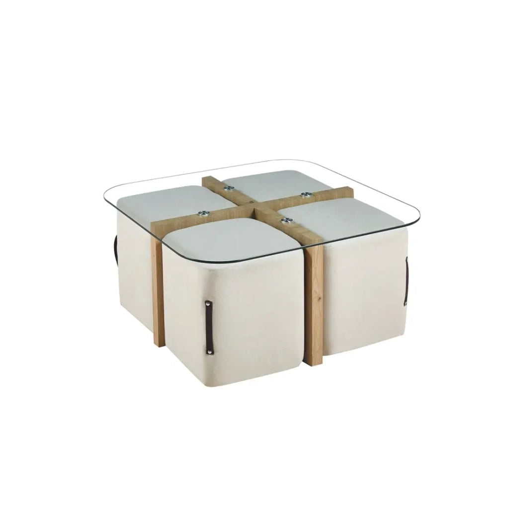 Tavolino QUADORA – Quadrato 90x90 cm – Vetro & quercia invecchiata – Con 4 pouf bianchi – Design pratico ed elegante