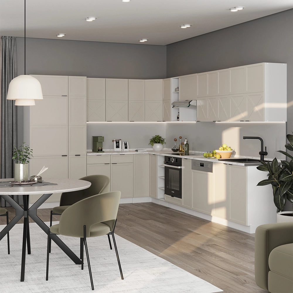 Cucina angolare completa Fame-Line GrigioBeige/Bianco 347 x 60 cm, PL Marmo Vicco