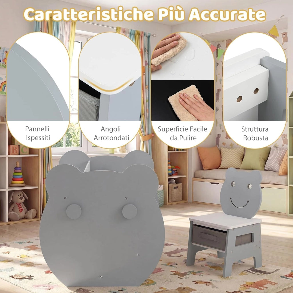 Set Tavolo e Sedia per Bambini 3+ Anni, Tavolo Multifunzionale con Lavagna Bifacciale, Ripiano e 4 Ganci Laterali, Sedia Comoda con Cassetto Rimovibile per Cameretta e Asilo (Grigio)