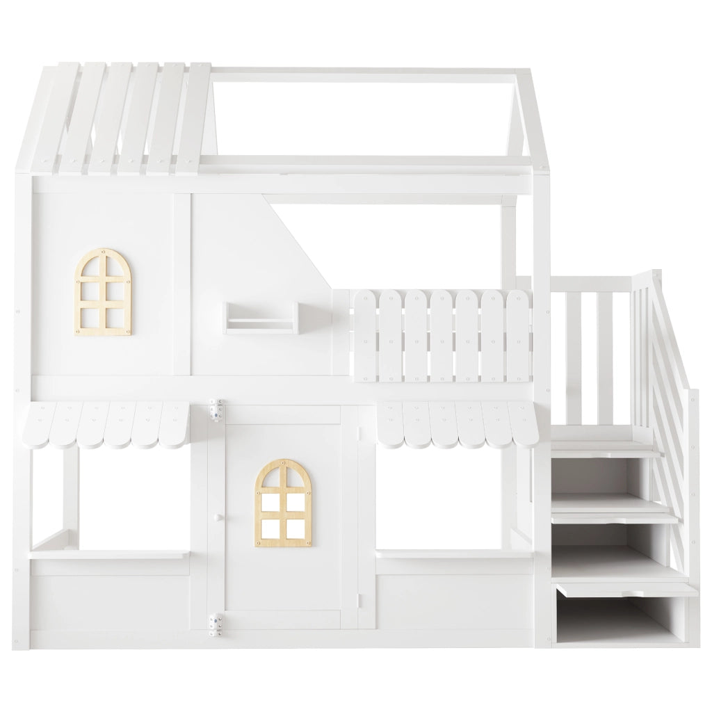 Letto a castello a casetta 90x200 cm con tetto; finestra; porta; scala contenitore; LED e ripiani; legno bianco