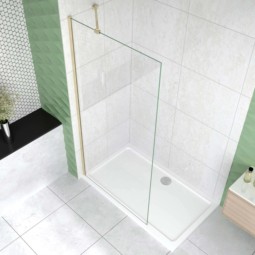 Box Doccia Walk In 70x200 cm Parete Fissa Vetro 8 mm Trasparente Anticalcare Oro Spazzolato Barra Stabilizzatrice 45 cm Snodabile