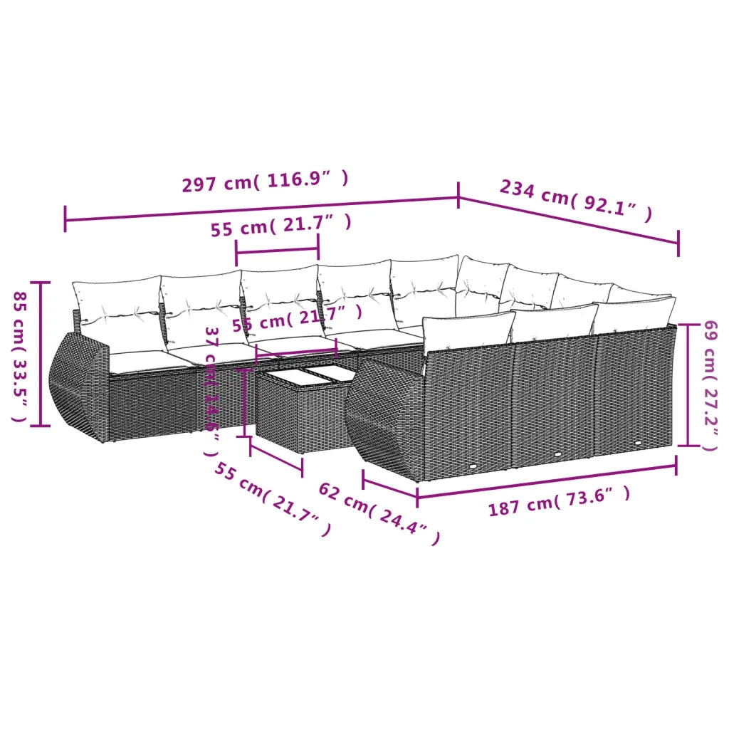 Set Divani da Giardino 11 pz con Cuscini in Polyrattan Grigio 3254239