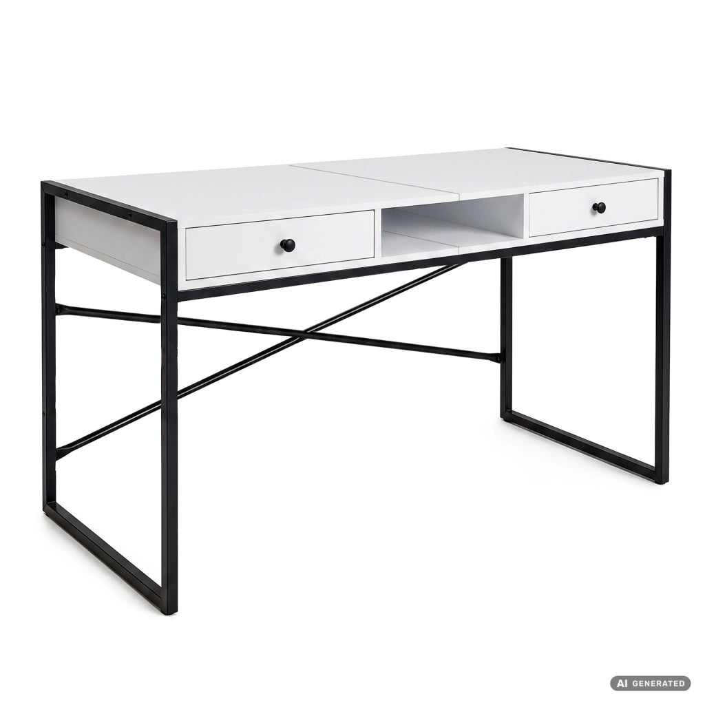 Scrivania industriale per computer Bianca ELONIS 123 cm 2 cassetti 1 ripiano gambe nere