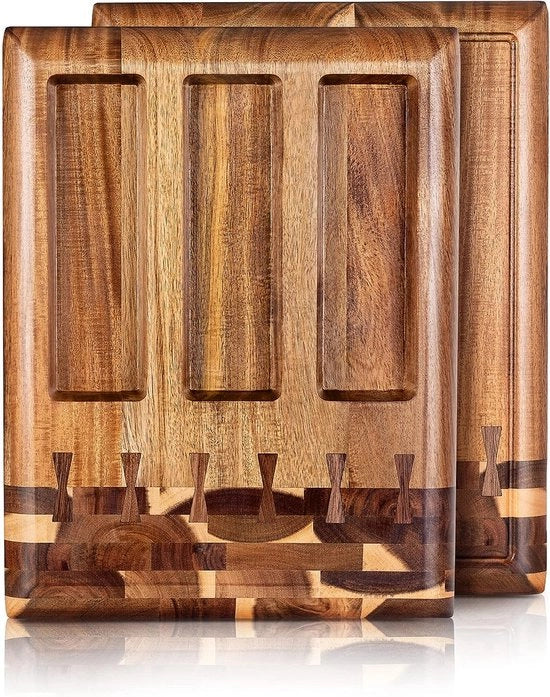 Tavolo di taglio in legno di acacia per cucina e casa - Tavolo di taglio in legno di grandi dimensioni, 40 x 40 cm, con solco per succhi e funzione di tavolo da servizio a 3 compartimenti