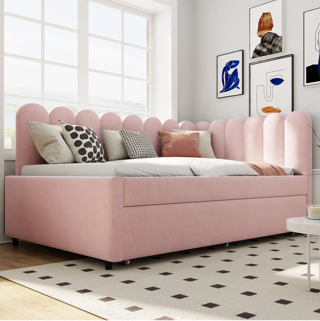 Letto imbottito a L rosa 140x200 cm con letto estraibile