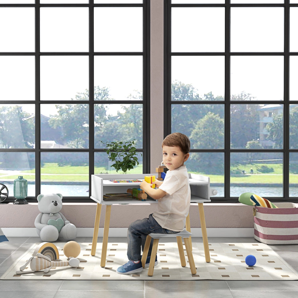 Tavolino Bambini con Sgabello e Piano Reversibile ¨C zephmum ¨C Bianco