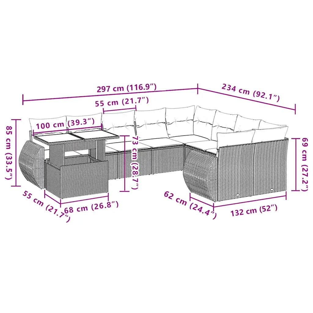 Set Divani da Giardino 10 pz con Cuscini Grigio in Polyrattan 3268771