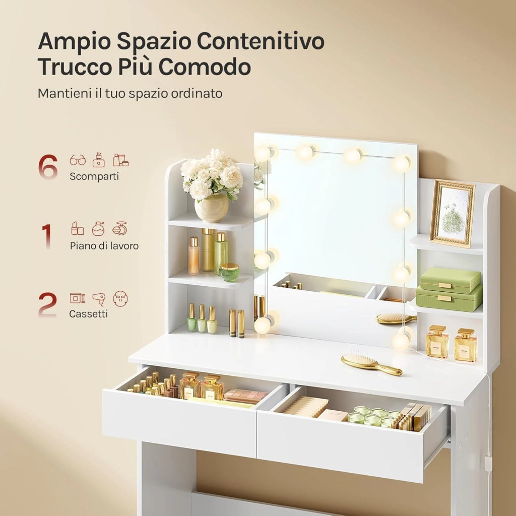 Postazione Trucco, Toeletta Trucco con Luci, Toeletta Trucco,Scrivania con Specchio e 10 Lampadine LED Dimmerabili,2 Cassetti e 4 Ripiani,Comò per Camera da Letto in Legno, Bianco, 90x40x135cm