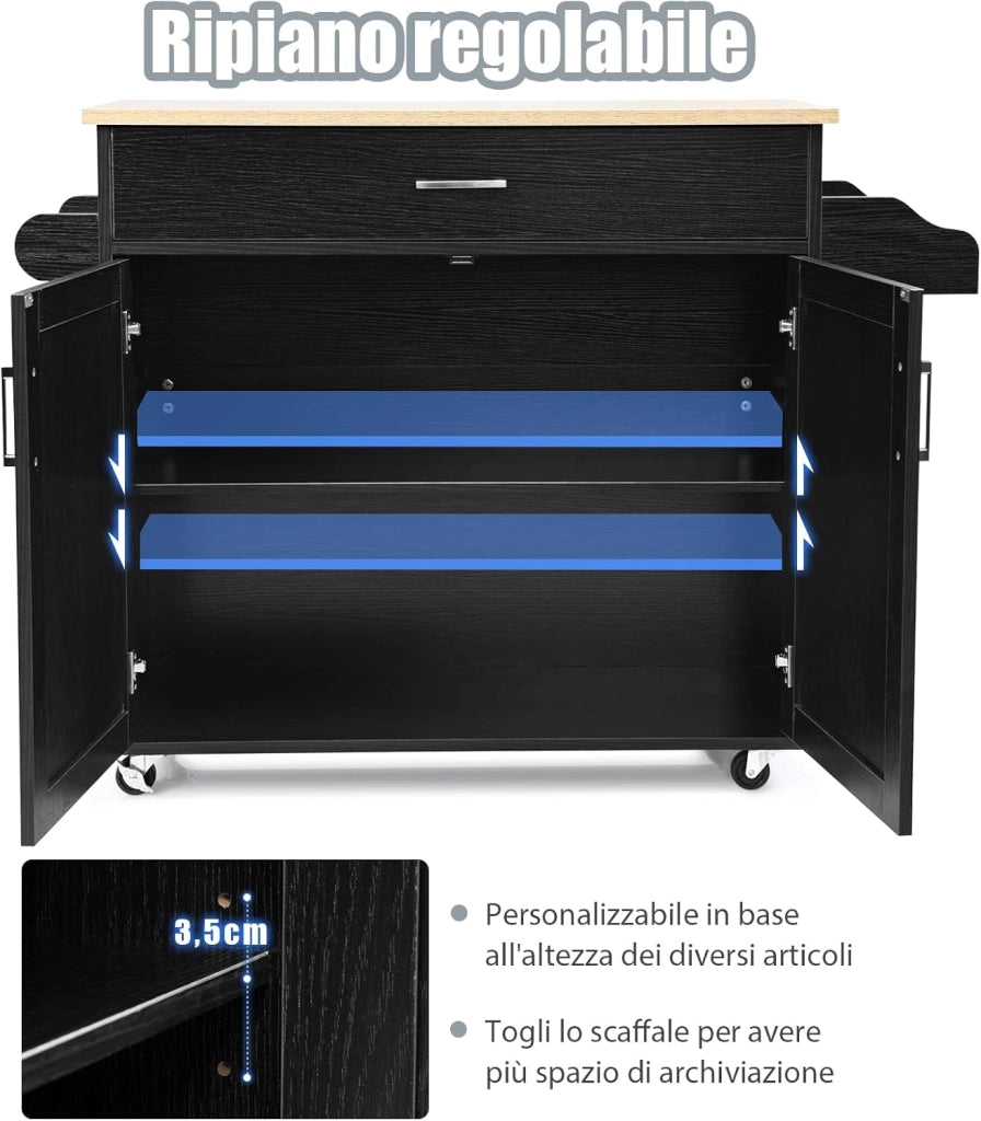 Carrello da Cucina con Ruote di Gomma, Scaffale per Microonde Carrello Servizio, Mobile Cucina con Ripiani e Ante, Credenza Cucina Legno Moderno Elegante, 116 x 37 x 85 cm (Nero)