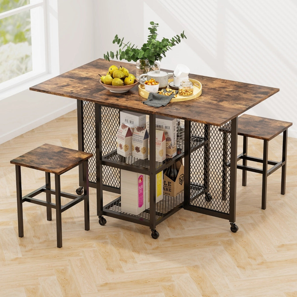 Set di 3 pezzi da pranzo pieghevole con ruote bloccabili, Tavolo da pranzo estendibile con 2 sgabelli Marrone-Tavoli e sedie da pranzo