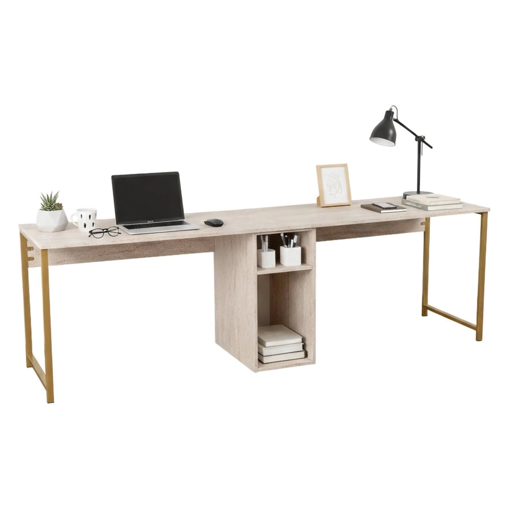 Scrivania Violet, Scrittoio multiuso, Tavolo per ufficio porta PC, Piano di lavoro, 240x60 h74 cm, Beige e Oro