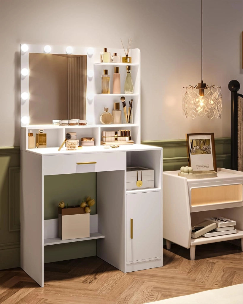 Hzuaneri Toeletta da Trucco, Luminosità Regolabile,Tavolo da Trucco con Specchio Grande, ampio cassetto e armadietto, Durevole e stabile, Moderno, Bianco VT08103X