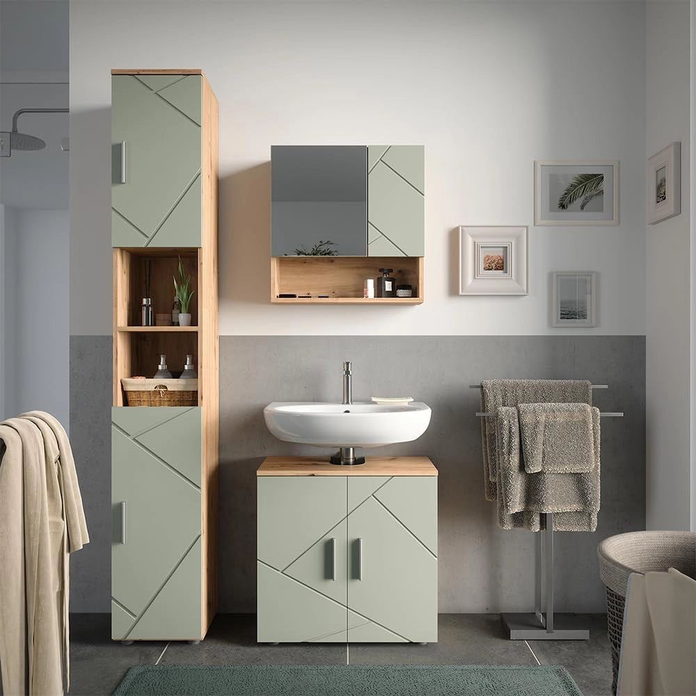 Set di mobili da bagno Irma, Verde salvia, 60 cm, composto da mobile sottolavabo, specchiera e colonna alta