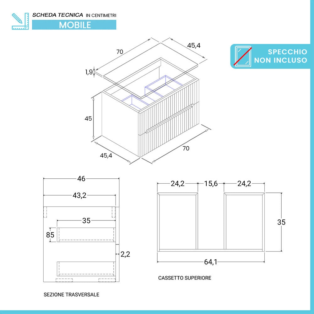 Mobile bagno sospeso cannettato 70 cm rovere chiaro con top Bali
