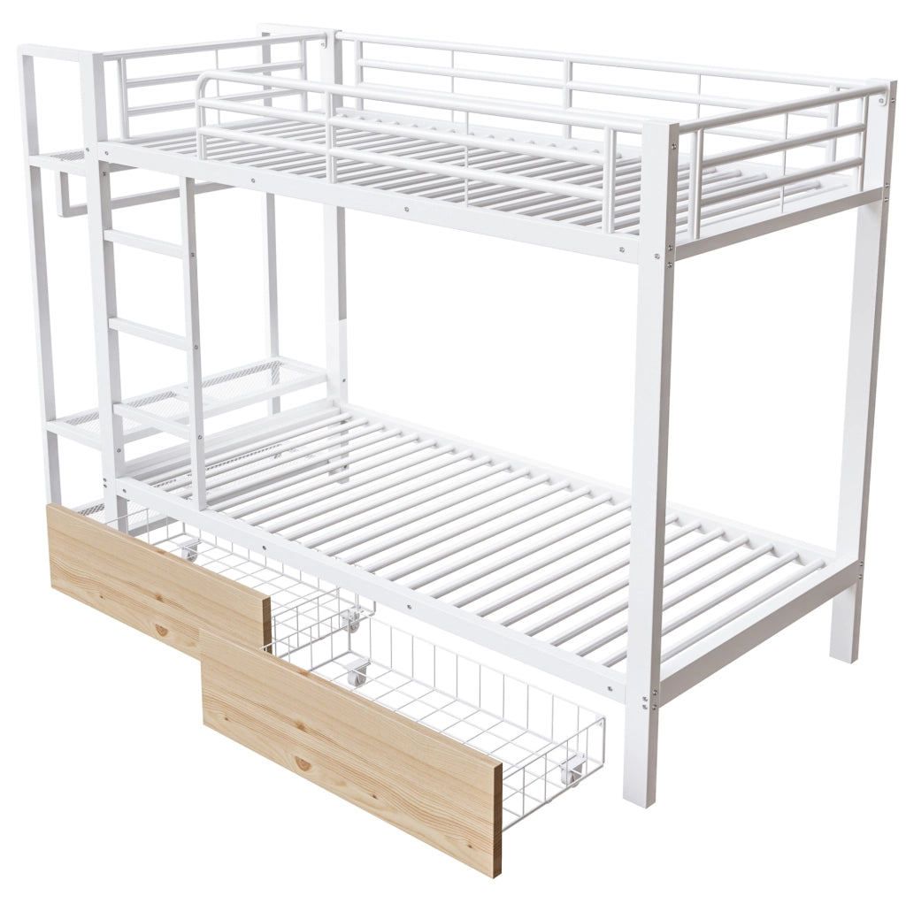 Letto a castello 90x200 cm con struttura in metallo; 2 cassetti; ripiani e LED; bianco