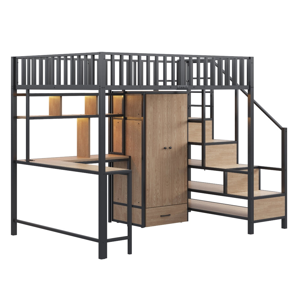 Letto a soppalco 140×200 cm con scrivania; armadio; cassetti; LED; USB e tipo C; senza materasso; metallo; nero