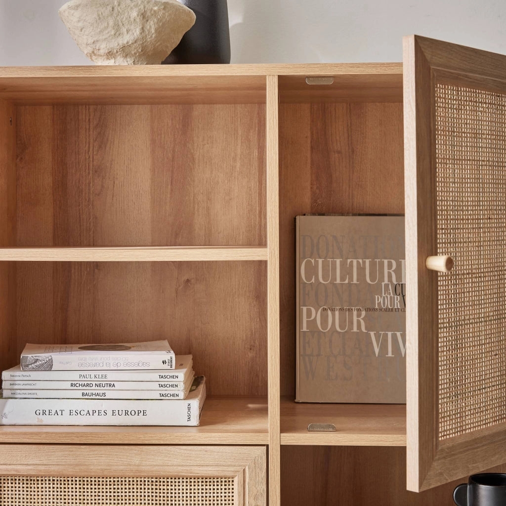 Credenza a 2 ante in canna e legno, 90cm, marrone naturale