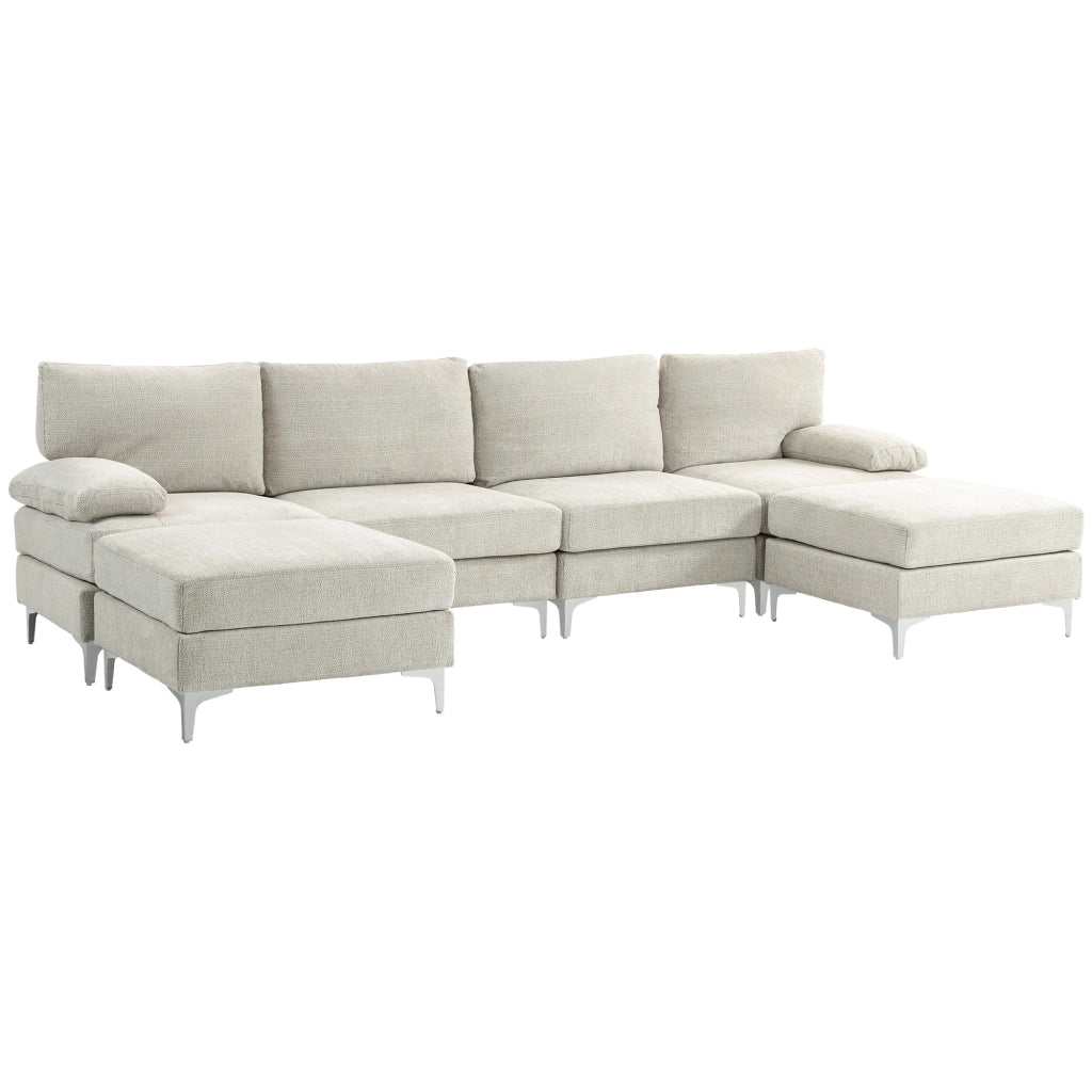 Divano Componibile 4 Pezzi con Poggiapiedi e Cuscini, in Tessuto effetto Ciniglia, 313x149x88 cm, Bianco Crema