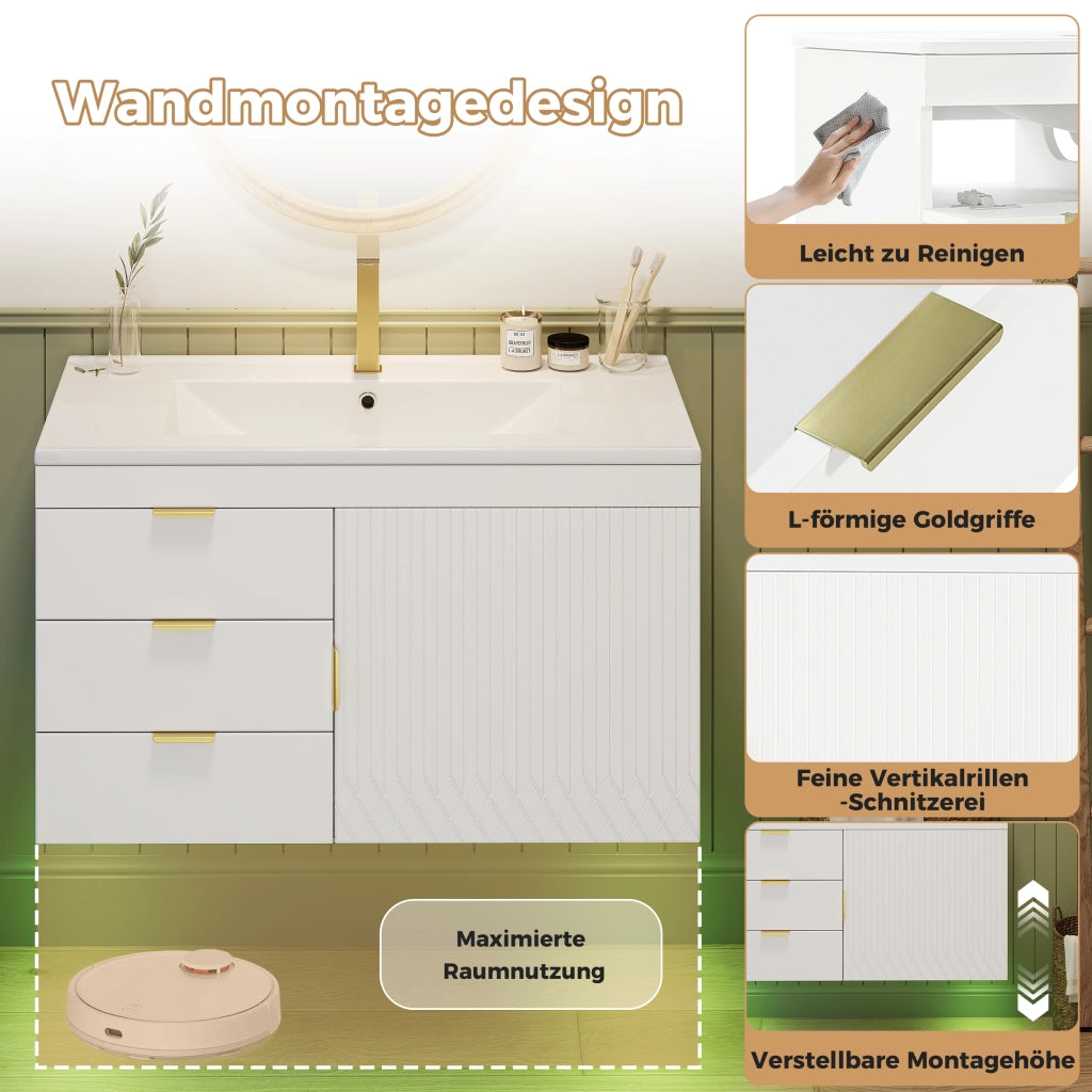 Mobile sottolavabo con LED e lavabo in ceramica, 2 cassetti e vano laterale, per bagno, bianco, 77 × 47 × 51 cm