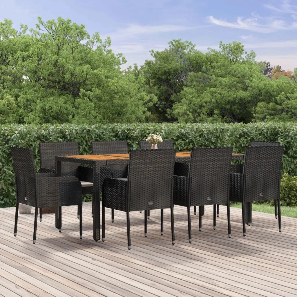 Set da Pranzo da Giardino 9 pz con Cuscini Nero in Polyrattan 3185016