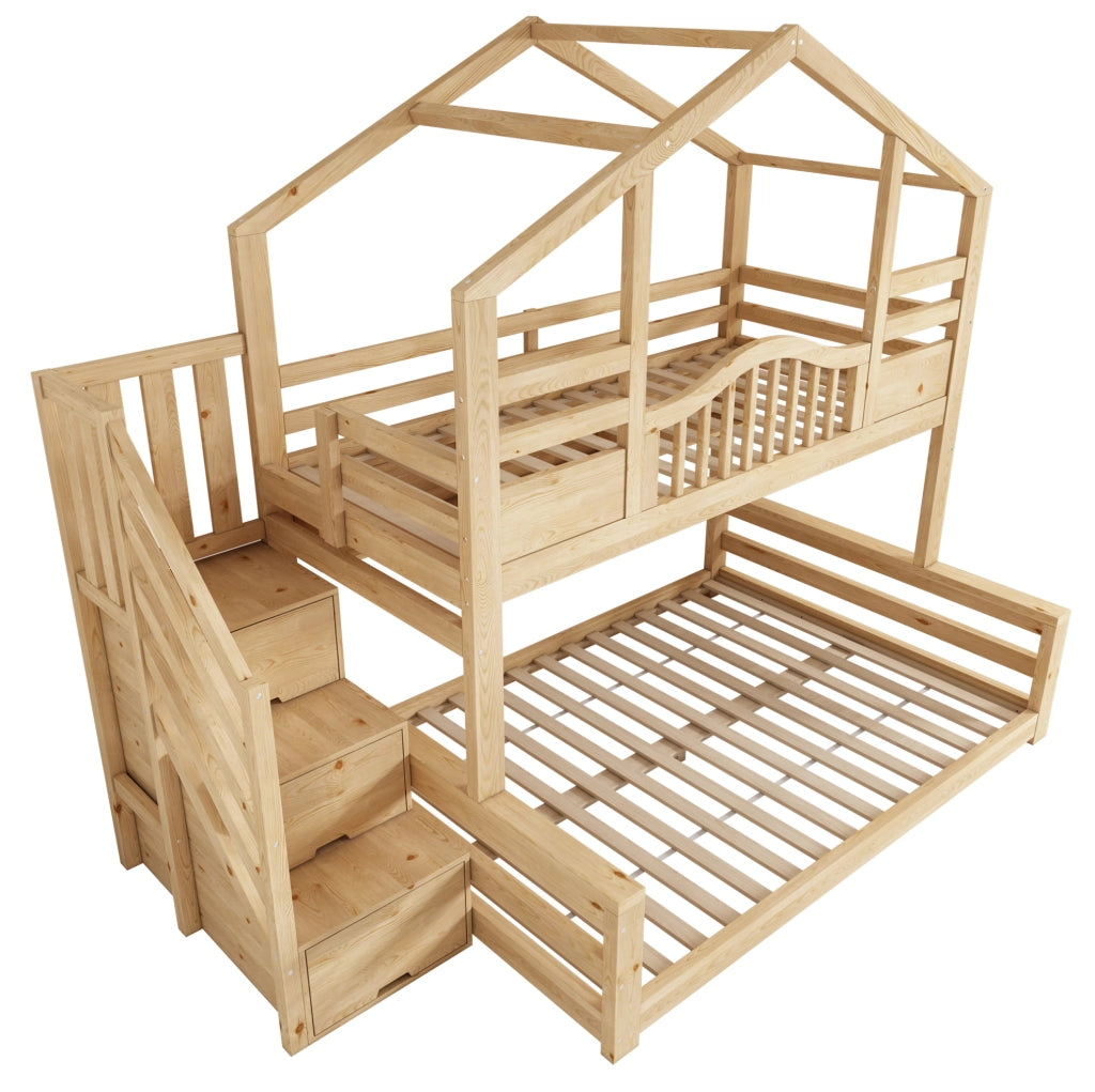 Letto a castello in legno con letto superiore 90x200 cm e inferiore 140x200 cm; finitura naturale