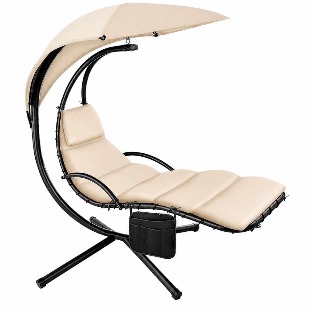 Sdraio Pensile Con Tettuccio Parasole Integrato E Cuscino Ergonomico Amaca Da Giardino In Acciaio E Poliestere 195 x 132 x 197 Cm Beige