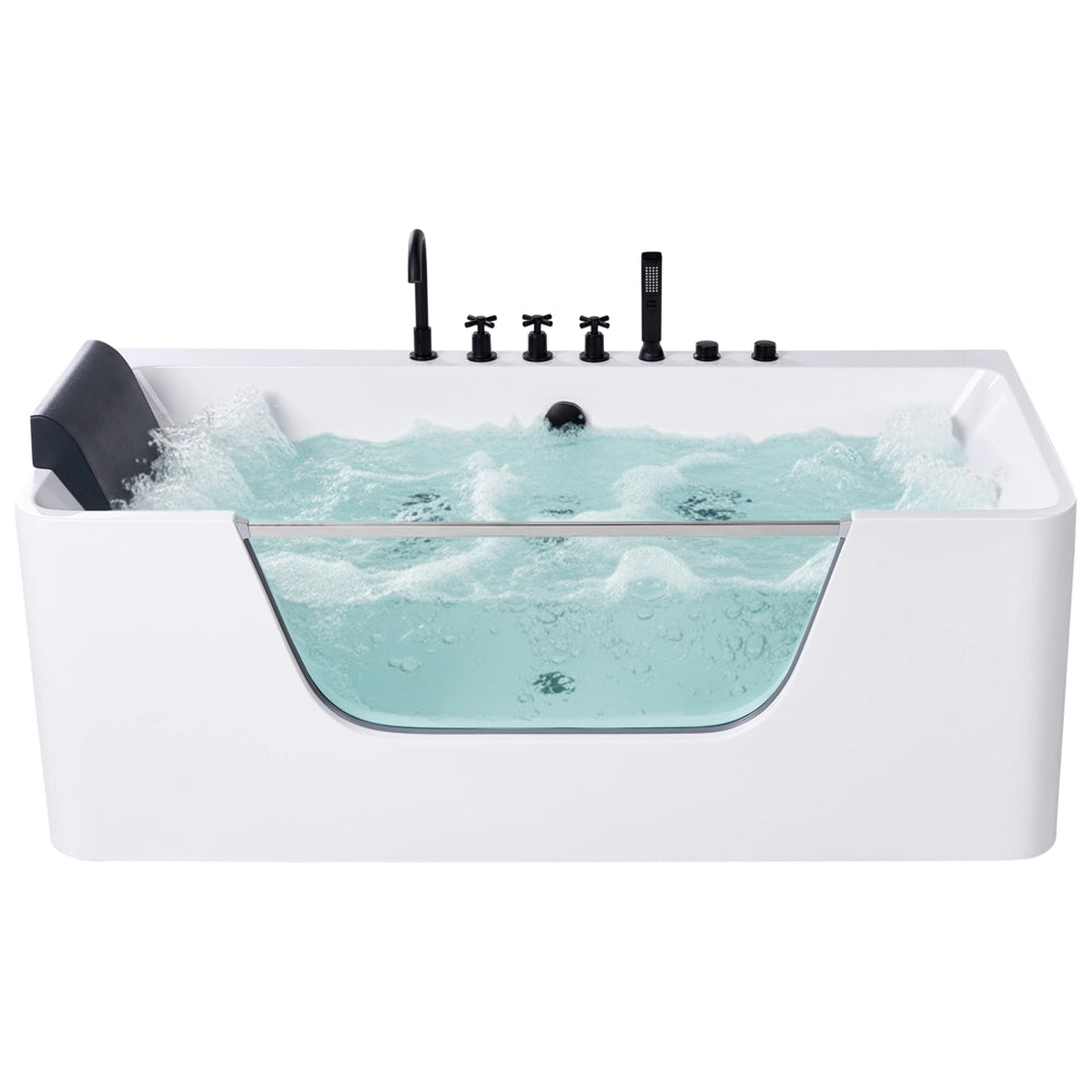 Vasca da bagno con idromassaggio Acrilico bianco Acciaio inossidabile Accessori neri 1600 x 750 mm Pannello in vetro Poggiatesta
