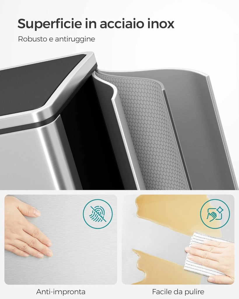 SONGMICS Pattumiera a 2 Scomparti, con 2 x 30L Secchi Interni per Spazzatura Differenziata, 15 Sacchi della Spazzatura, Pedali e Coperchi a Cerniera, Chiusura Morbida, Argento e Nero LTB60NL