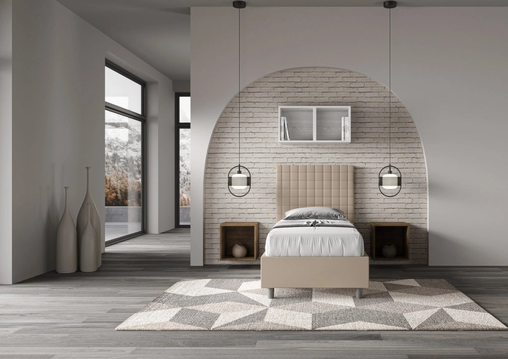 BS COM Letto singolo con rete imbottito 90x200 similpelle tortora