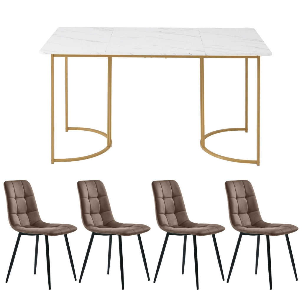Tavolo da pranzo con 4 sedie, piano in MDF effetto marmo e gambe in metallo, cucina e sala da pranzo, bianco, 140 × 80 cm