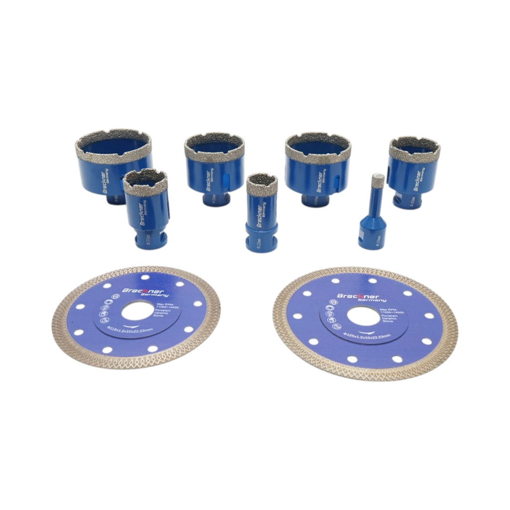 Set di 7 punte diamantate a corona da 10-68 mm, filettatura interna M14 + 2 dischi da 115 e 125 mm per piastrelle in ceramica, marmo e granito Breckner Germany