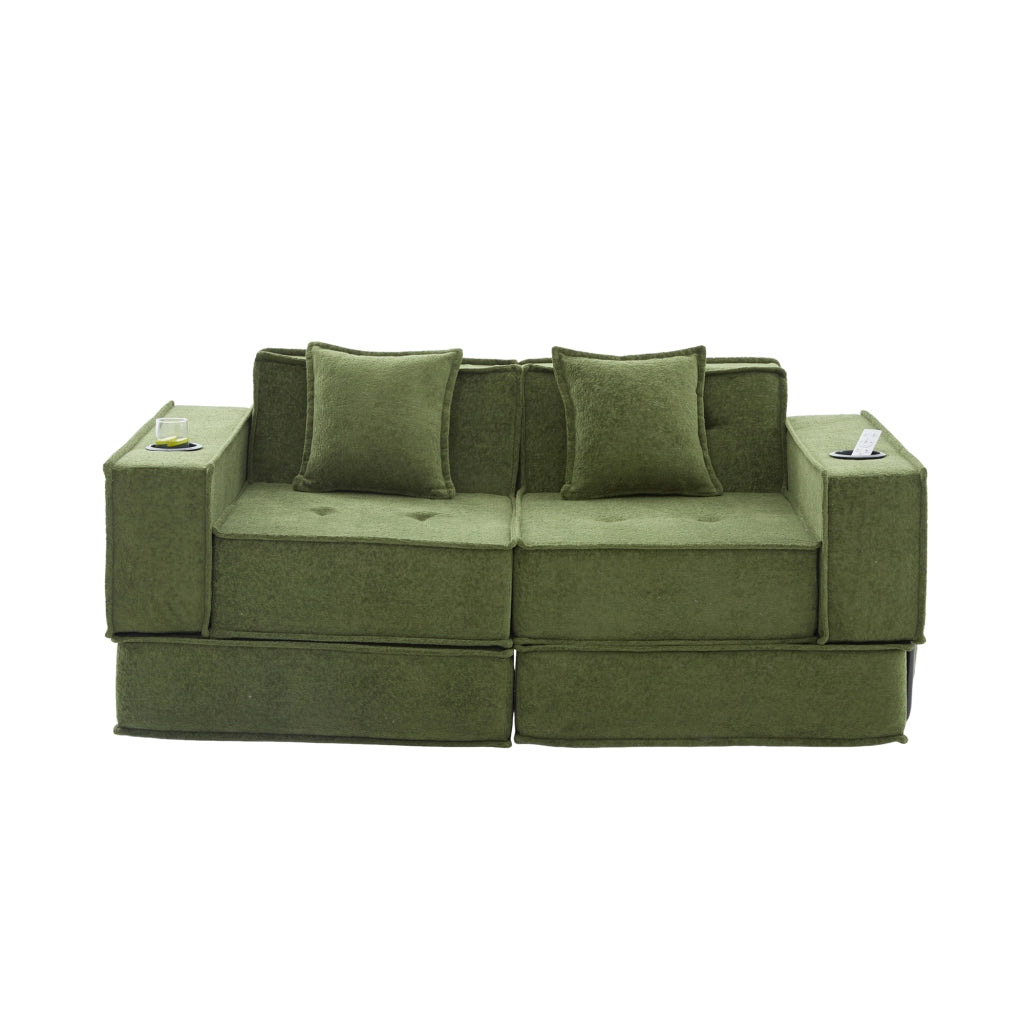 Pouf modulare con cuscini e tasche laterali per lettura e relax in ciniglia verde per salotto 162 × 78 × 66 cm