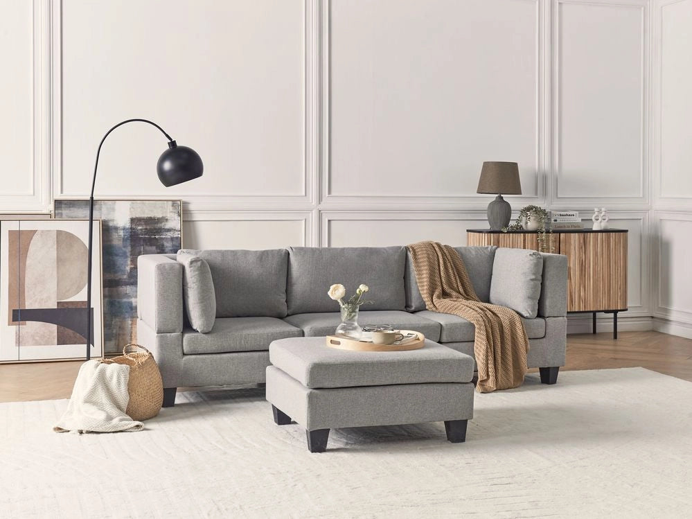 Divano Componibile Rivestito In Tessuto grigio chiaro 3 Posti con ottomano stile moderno
