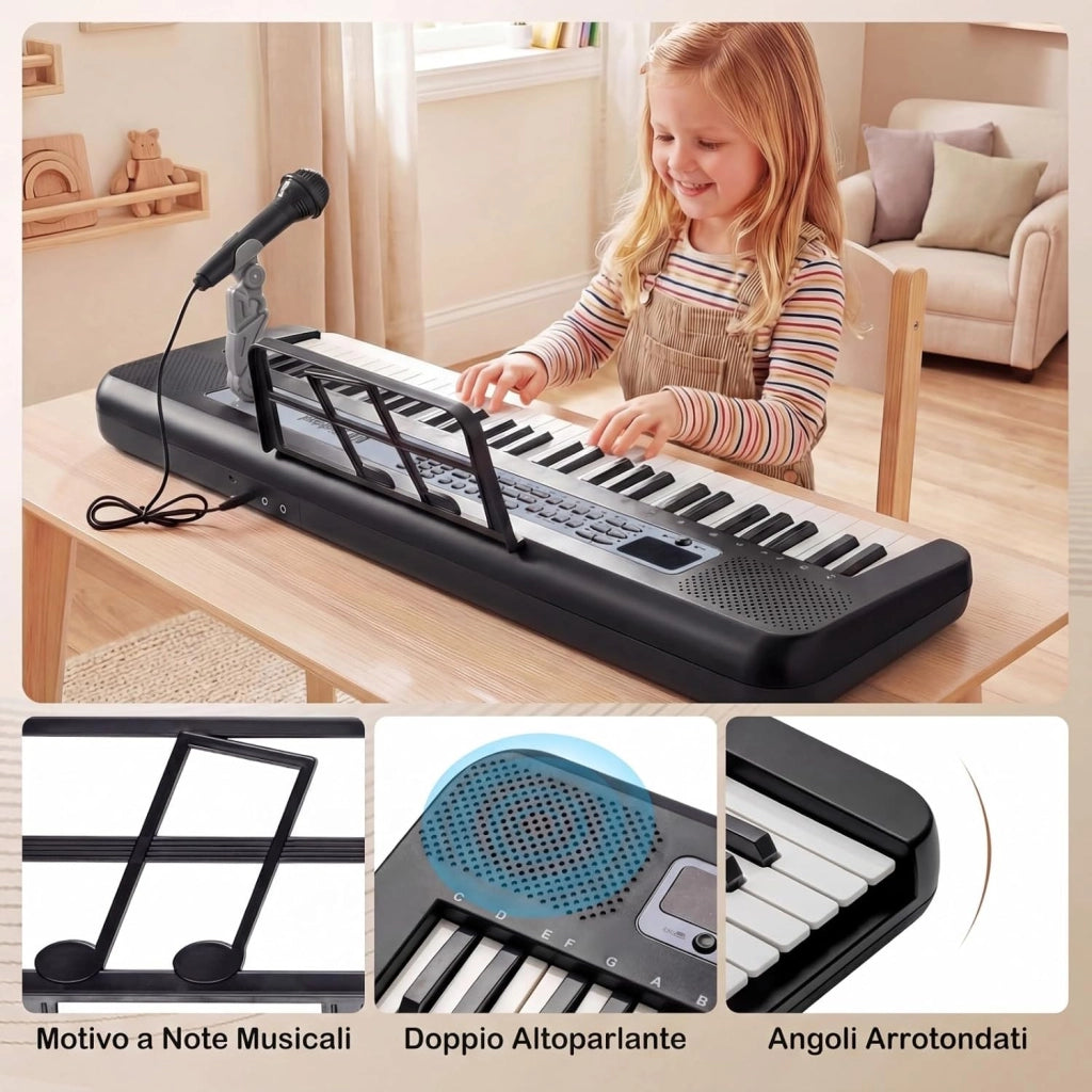 Tastiera Pianoforte Elettrica a 61 Tasti, Giocattolo Musicale da Interno con Supporto Regolabile, Microfono e Leggio, Strumento Digitale Educativo per Bambini e Bambini 3+ Anni (Nero)