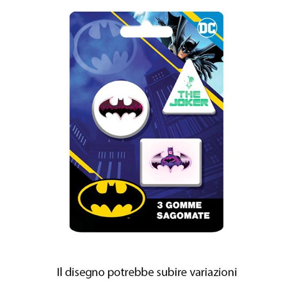 Trade Shop - Kit Gomme Per Cancellare 3pz Sagomate Tema Batman Cancelleria Per Bambini Scuola 952257 -