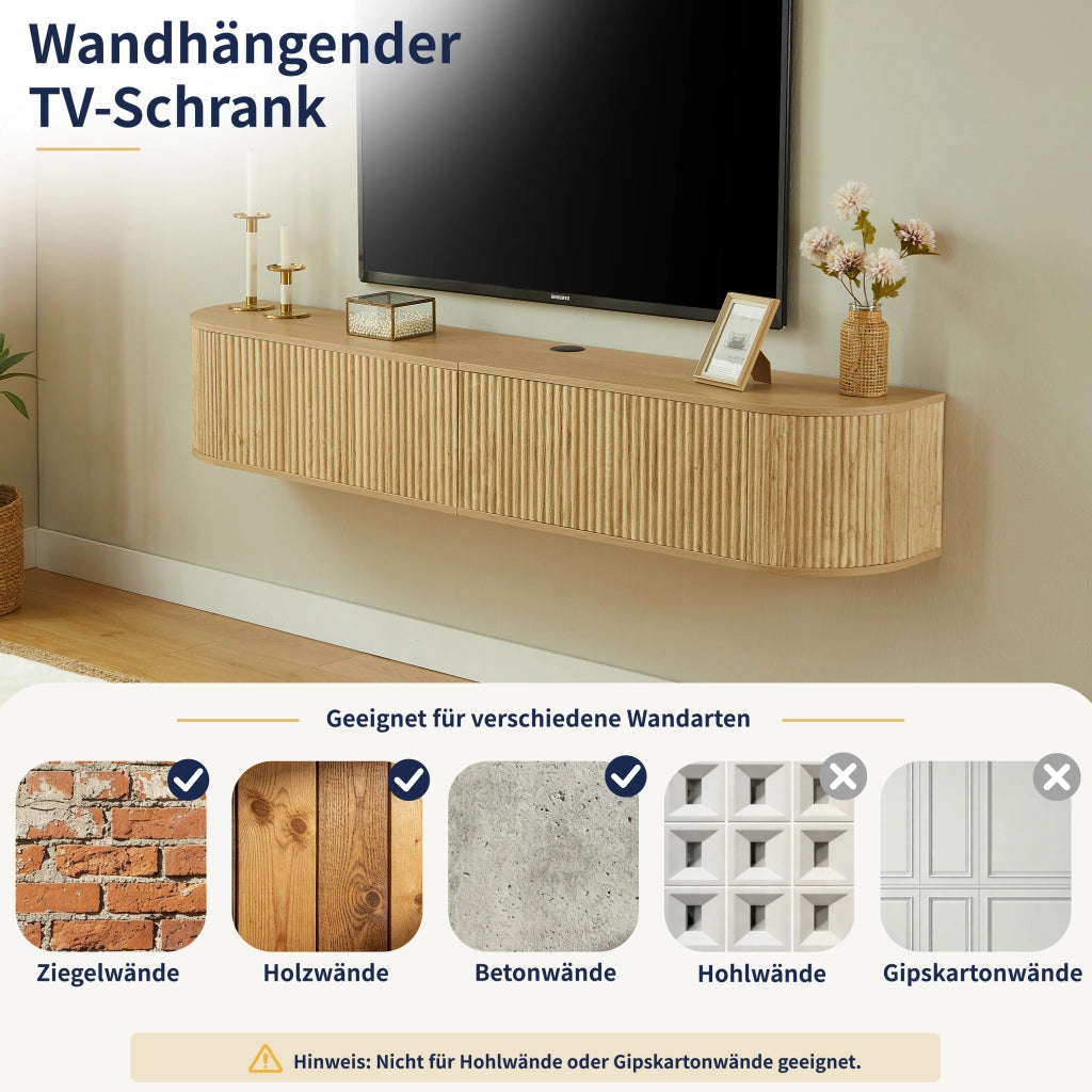 Mobile porta TV sospeso con 2 ante e passacavi, per soggiorno, in truciolare e MDF, naturale, 180 × 32 × 30 cm