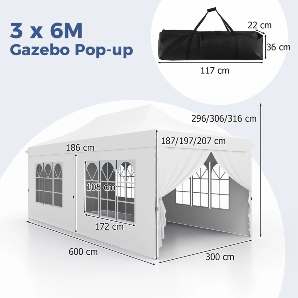 Gazebo pop-up con 6 pareti laterali e ingressi con cerniera, Gazebo istantaneo portatile per festa e picnic 3 x 6 m Bianco-Gazebo