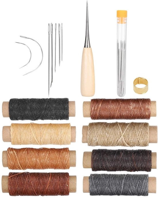 Set di ago per cucire a mano 37 pezzi - Ago in pelle - Kit di riparazione a mano - Artigianato DIY - Incluso 8 rulli di filo imbevuto di cera - 7 aghi per cucire a mano
