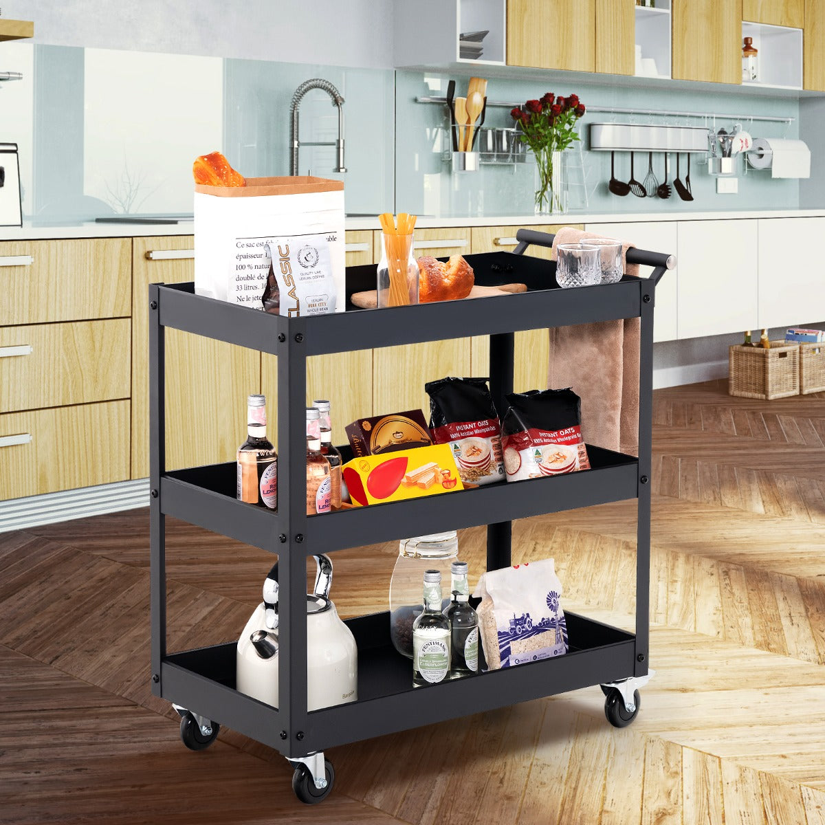 Carrello utilitario a 3 ripiani ad alta capacit¨¤-Carrello in metallo con manico ergonomico Nero