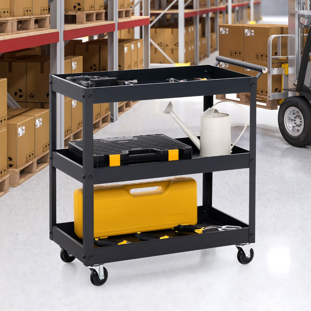 Carrello utilitario a 3 ripiani ad alta capacit¨¤-Carrello in metallo con manico ergonomico Nero