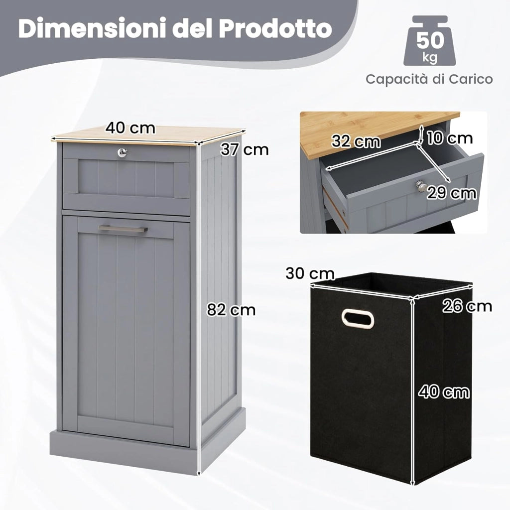 Mobile con Cesta Portabiancheria 40x37x82 cm, Cesto per Biancheria con Cassetto, Mobile Multiuso da Bagno (Grigio)