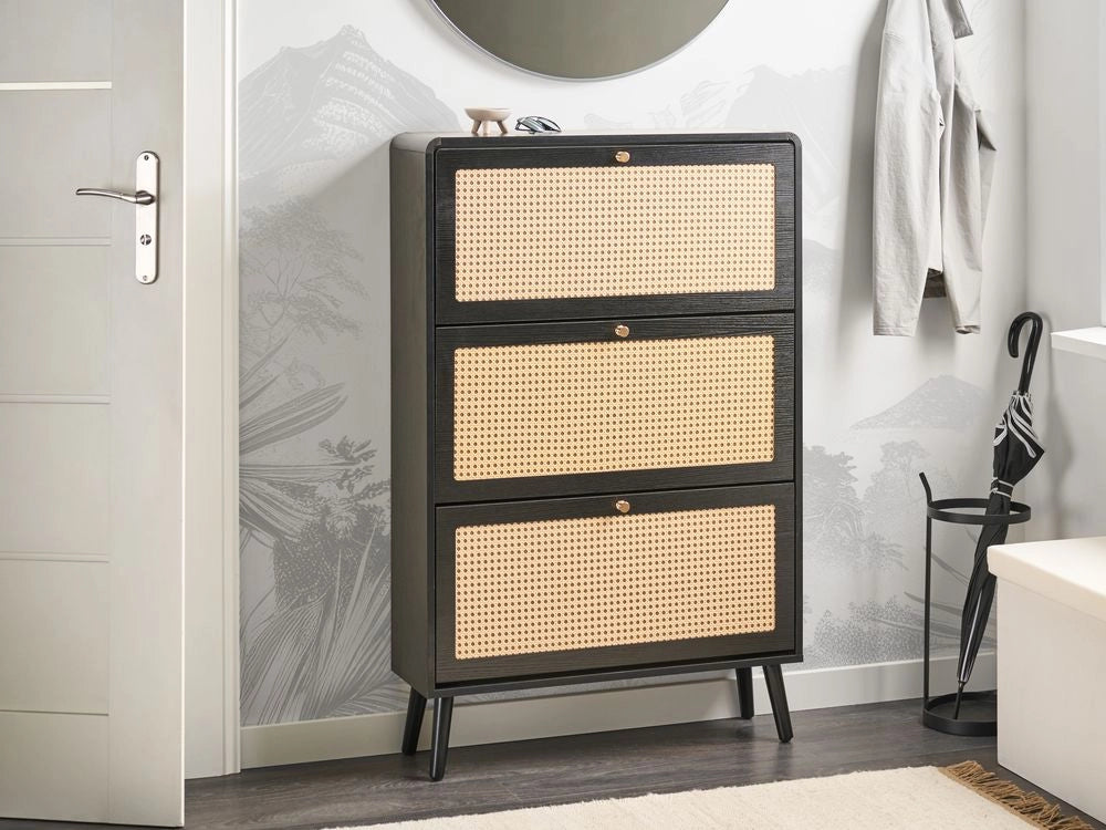 Scarpiera a 3 scomparti in legno MDF melaminico e rattan PE stile boho nero