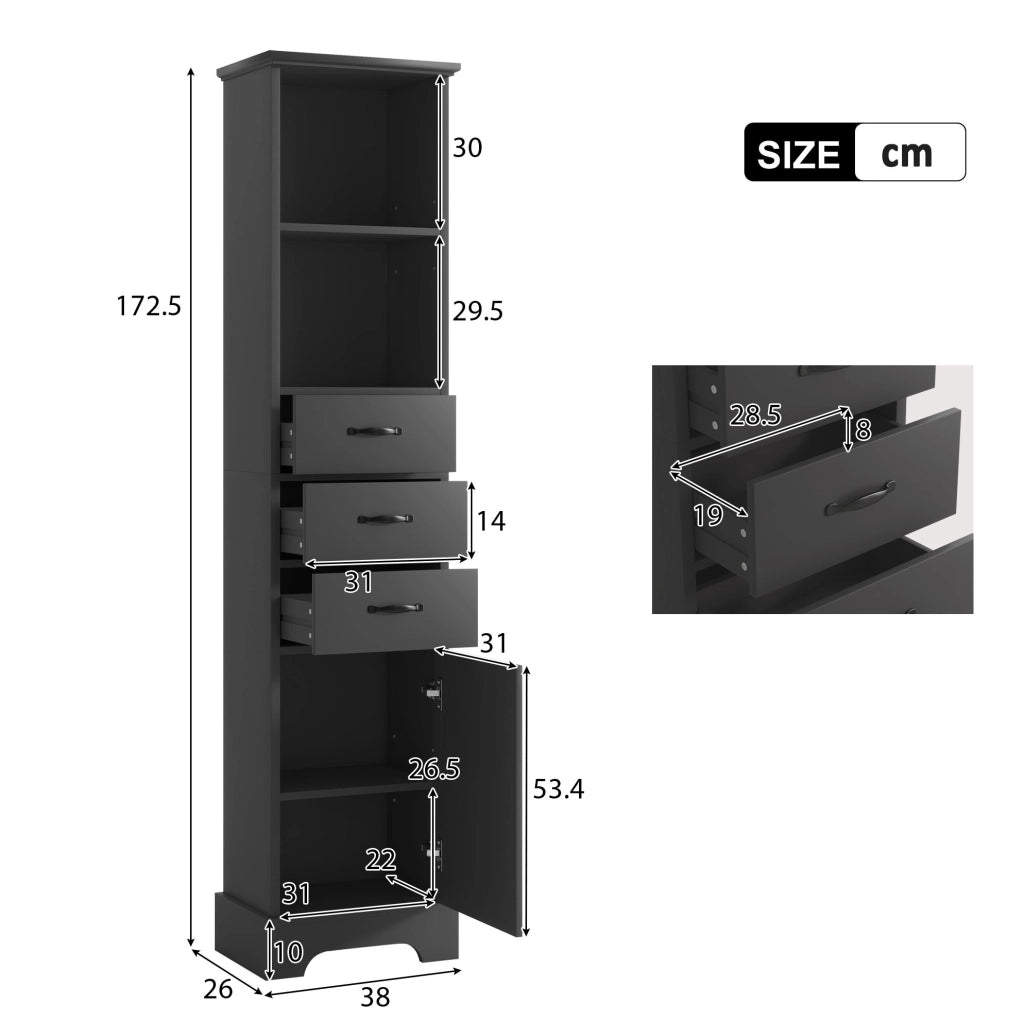 Mobile bagno alto nero in MDF laccato con 3 cassetti e ripiani regolabili