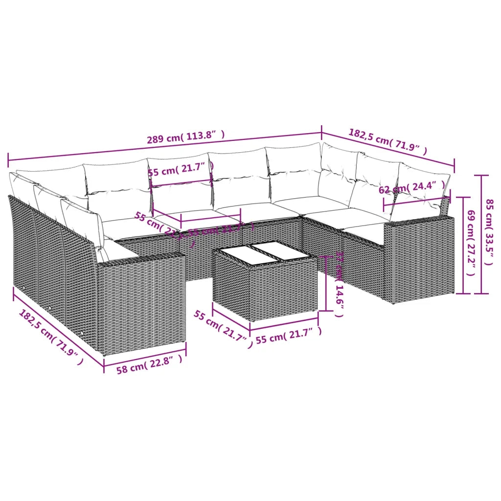 Set Divano Giardino 10 pz con Cuscini Grigio Chiaro Polyrattan 3251749