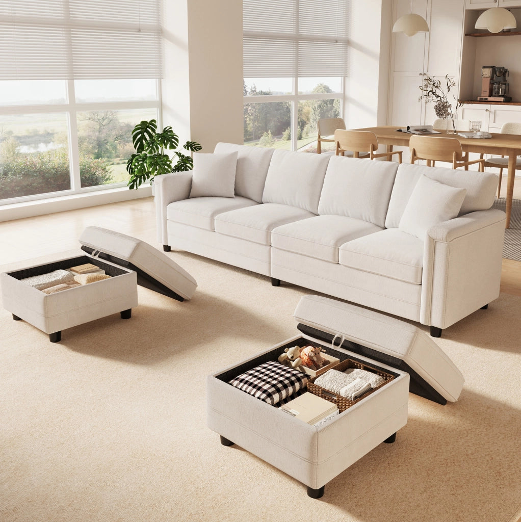 Divano modulare in ciniglia con 2 pouf contenitore; USB e Type-C; 261x134x82 cm; beige