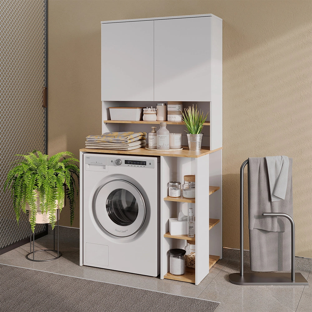 Mobile per lavatrice Viktor Bianco/Rovere artigianale 93.6 x 88.2 cm 2 parti con ripiano Vicco