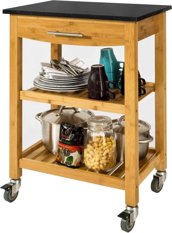 Carrello da Cucina in Bambù - Conservazione Cucina - Servizio con Piano in Granito Nero