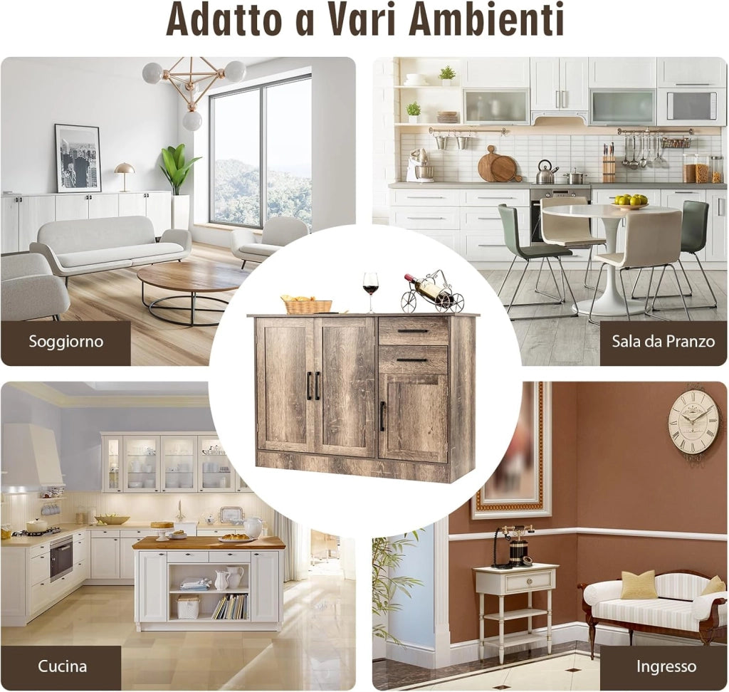 Credenza da Cucina, Mobile Buffet da Terra con 2 Cassetti, 3 Ante e 1 Ripiano Regolabile, per Sala da Pranzo, Cucina, Salotto, Ingresso, Grigio